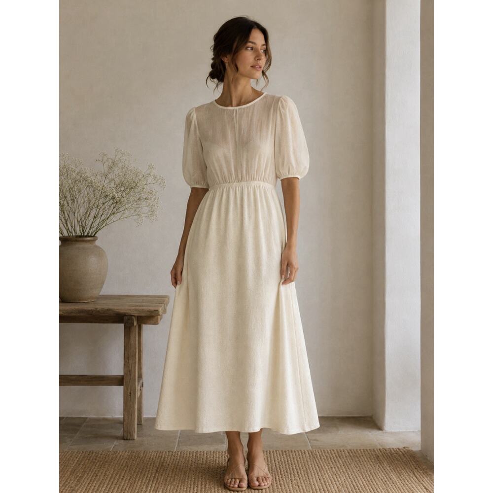 Zara Knit Dress Sz L Cream Feminine Puf Sleeve Romantic Cottagecore Minimalistic